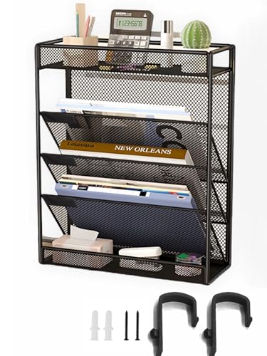 ZNMYDMT 5 Tier Mesh Wall File Organizer3 Pockets vertical Mount Hanging Organizer with TopBottom Tray 2 Hooks Wall Mount Door Hanging for Office Home - Image 1