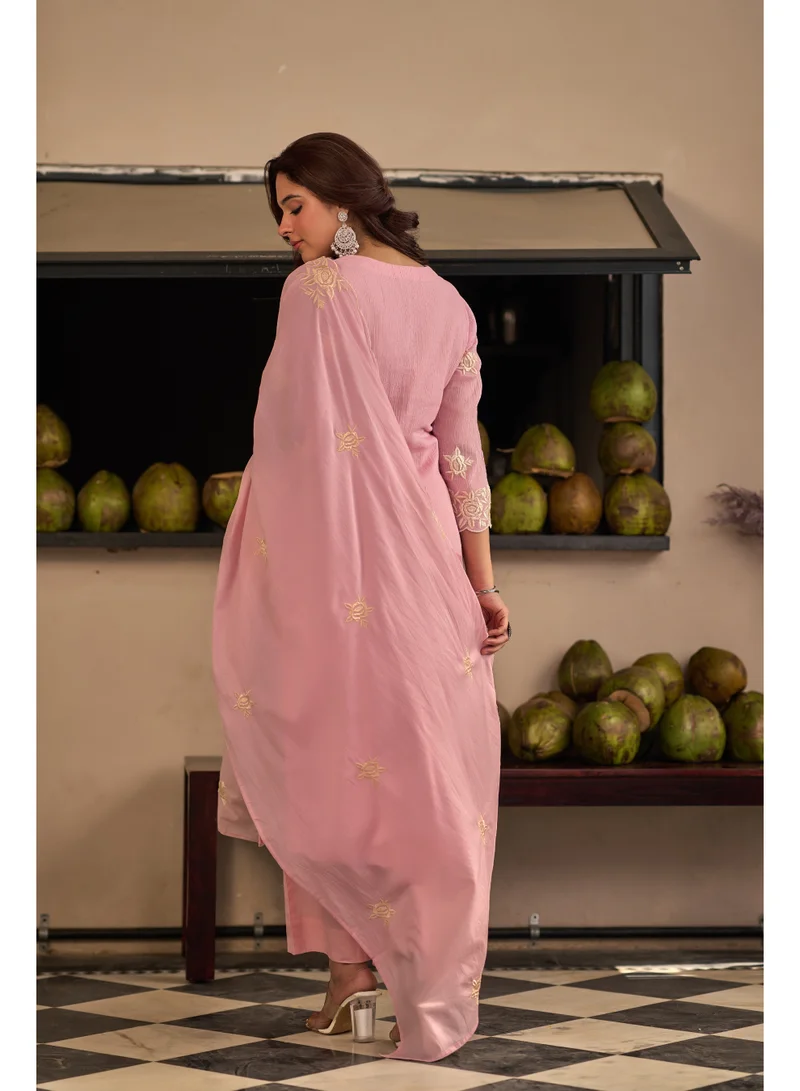 Priya’s Panache Premium Pink Cotton Crush Embroidered Straight Suit Set for Women with Dupatta & Pants | Indian Ethnic Wear | Salwar Suit for Women | Kurta Set Ladies | Kurti Pant Dupatta Set | Embroidered Ladies Suit | Festive & Family Wear