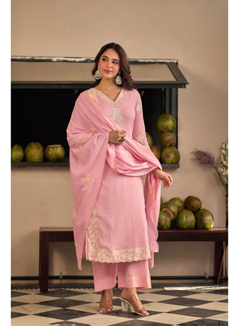 Priya’s Panache Premium Pink Cotton Crush Embroidered Straight Suit Set for Women with Dupatta & Pants | Indian Ethnic Wear | Salwar Suit for Women | Kurta Set Ladies | Kurti Pant Dupatta Set | Embroidered Ladies Suit | Festive & Family Wear