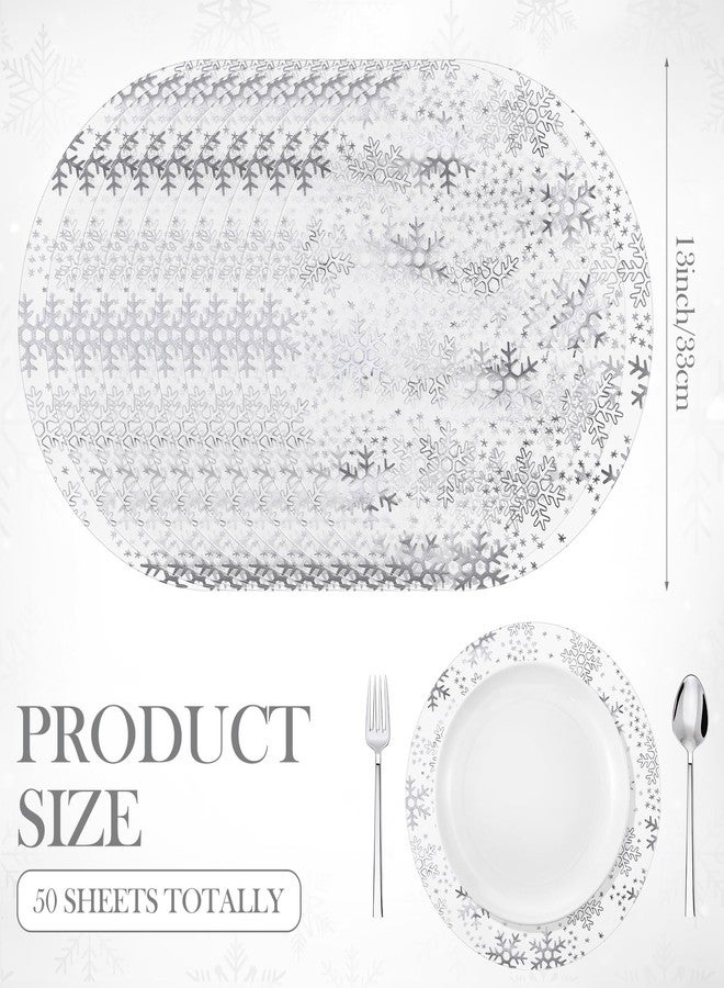 Vesici 50 Pcs Silver Snowflake Placemats 13 Inch Snowflake Winter Round Place Mats Metallic Glitter Foil Mesh Table Mat for Holiday Christmas Home Party Decoration - Image 3