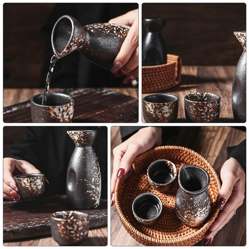 Traditional Japanese Ceramic Sake Set 3pcs Snowflake White Pot with Small Serving Kit - Image 5