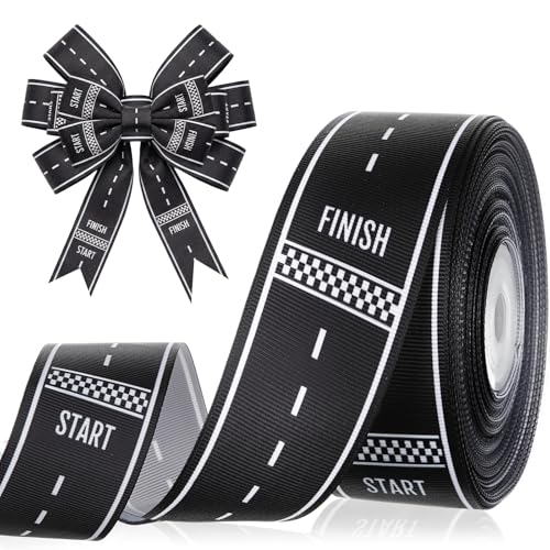 Chuangdi Racing Car Print Ribbon 15 Inch 20 Yards Black and White Checkered Grosgrain Ribbon Craft for Race Car Track Decor Marathon Theme Party Decor Hair Bows Headbands Making and Craft Wrapping - Image 1