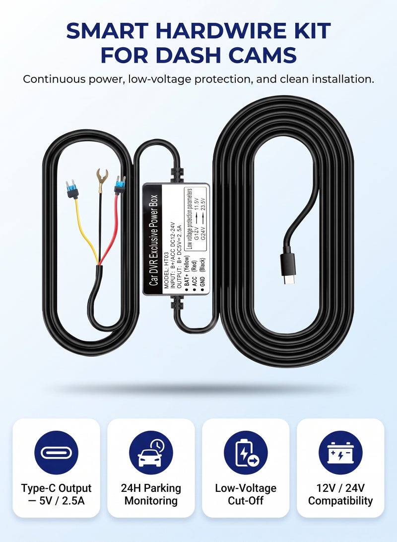 ULHYC HT03 Dash Cam Hardwire Kit Type C, 24H Parking Monitor Cable with Fuse, 12V-24V to 5V/2.5A Low Voltage Protection for Most Type C Dash Cams - Image 1