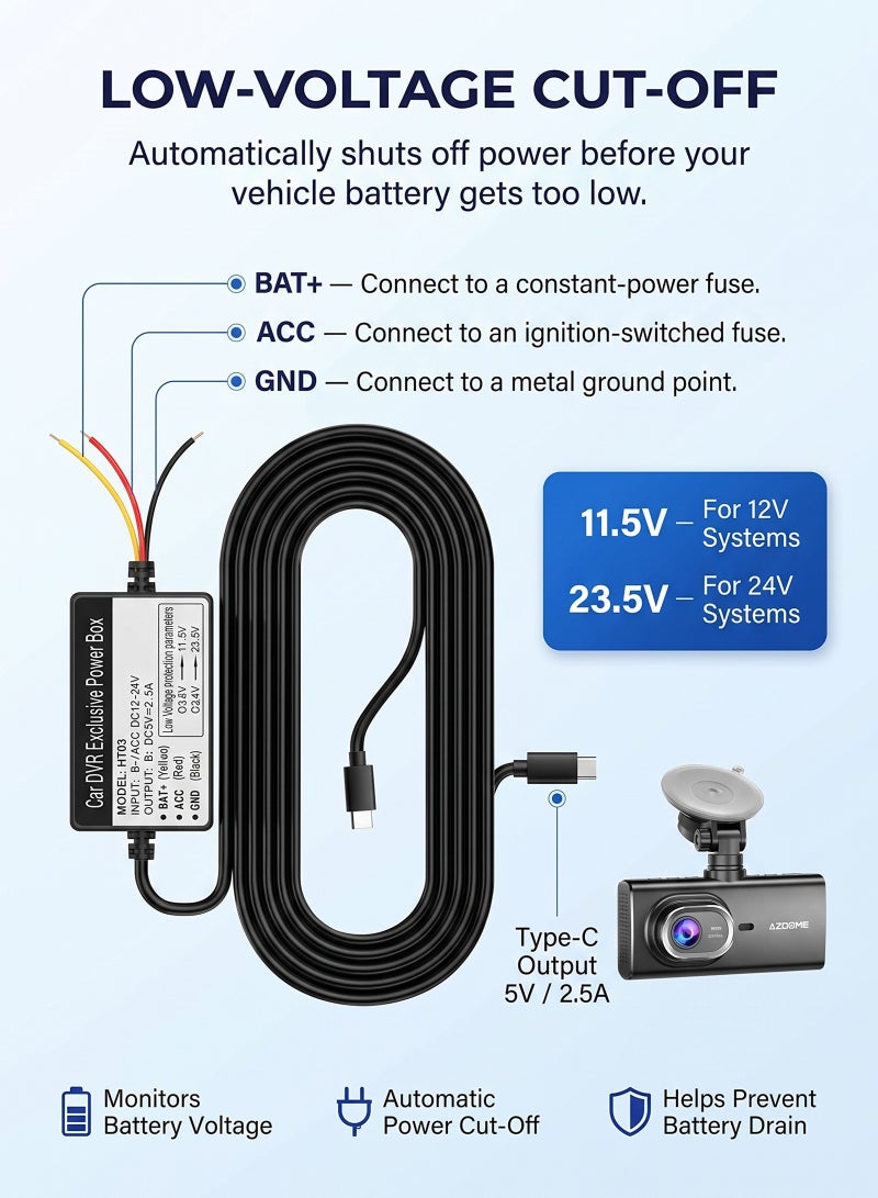 ULHYC HT03 Dash Cam Hardwire Kit Type C, 24H Parking Monitor Cable with Fuse, 12V-24V to 5V/2.5A Low Voltage Protection for Most Type C Dash Cams - Image 4