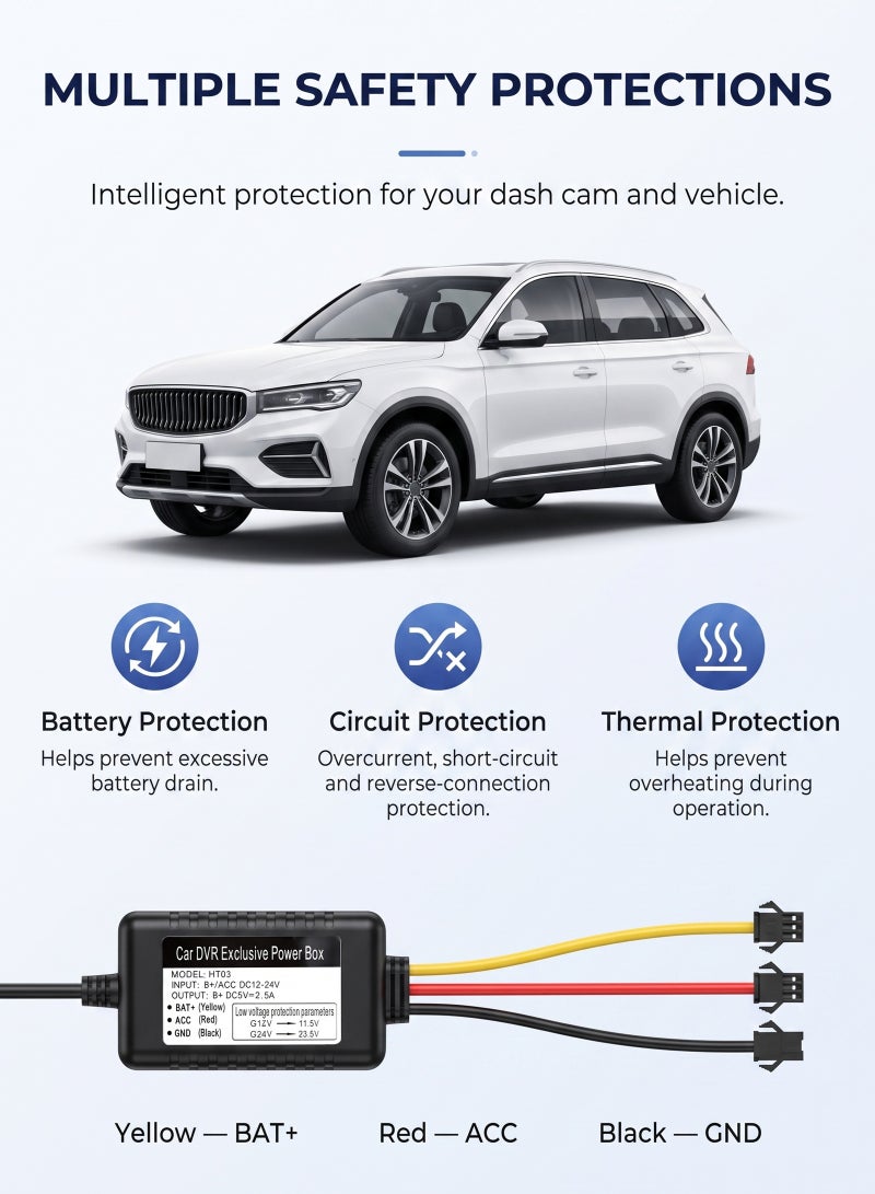 ULHYC HT03 Dash Cam Hardwire Kit Type C, 24H Parking Monitor Cable with Fuse, 12V-24V to 5V/2.5A Low Voltage Protection for Most Type C Dash Cams - Image 5