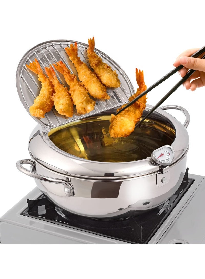 Captaintech Fryer Pot, 3.4L Japanese Tempura Deep Fryer Pot, 304 Stainless Steel Frying Pot With Thermometer, Lid, and Oil Drip Drainer Rack, Ideal for Kitchen French Fries, Chicken, Fish, and Shrimp - Image 1