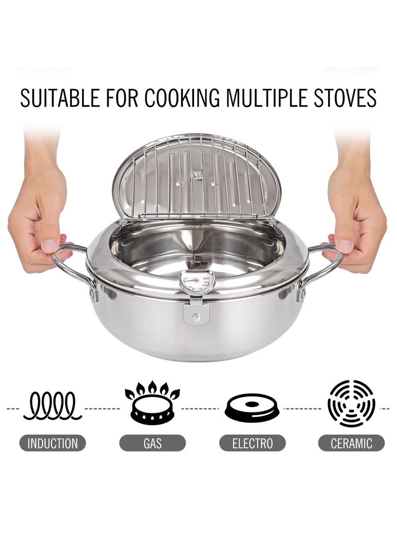 Captaintech Fryer Pot, 3.4L Japanese Tempura Deep Fryer Pot, 304 Stainless Steel Frying Pot With Thermometer, Lid, and Oil Drip Drainer Rack, Ideal for Kitchen French Fries, Chicken, Fish, and Shrimp - Image 4