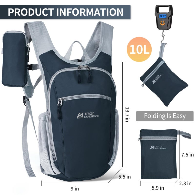 HIGH EXPERIENCE Hiking Backpack 10L/15L Small Daypack Lightweight Packable Travel Foldable Water Resistan for Women Men (Gray, 10L) - Image 3