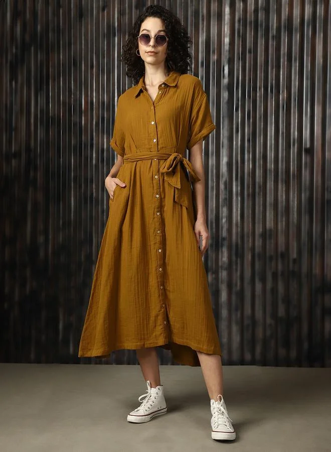 هاي ستار فستان ميدي قطني نسائي بياقة قميص وأكمام قصيرة