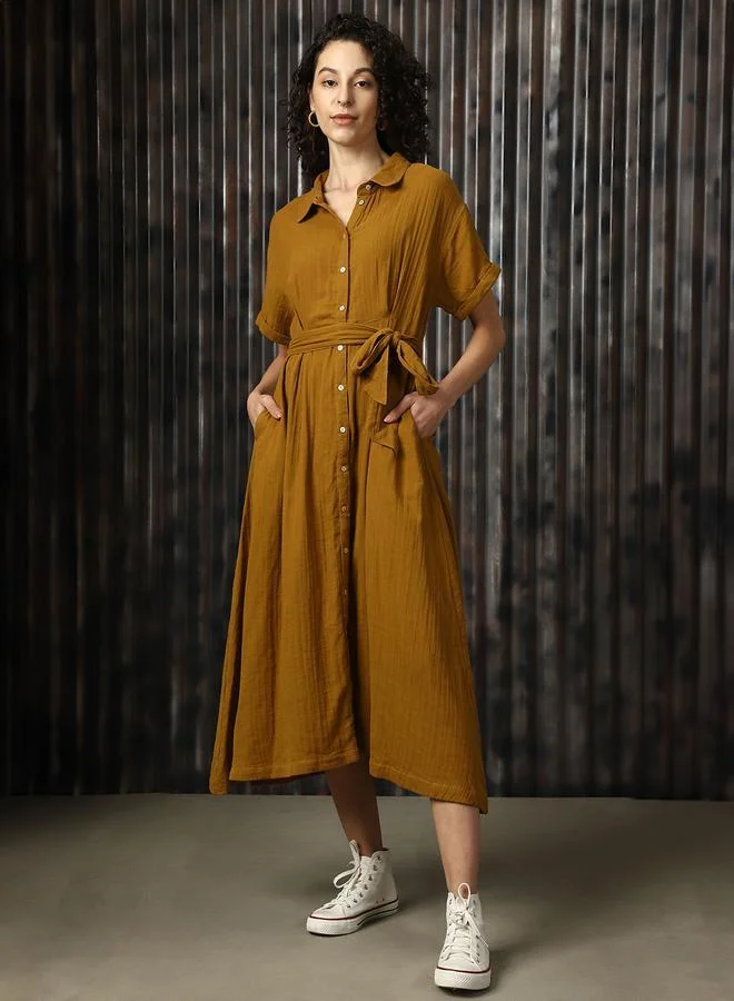 هاي ستار فستان ميدي قطني نسائي بياقة قميص وأكمام قصيرة