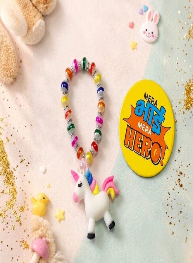 Evisha Kids Unicorn Bracelet Rakhi Set of 2 with "Mera Bhai Mera Hero" Magnet and Roli Chawal, Colorful Beaded Cartoon Rakhi for Little Brother, Boys & Girls, Raksha Bandhan Special Combo Gift for Sister - Image 2
