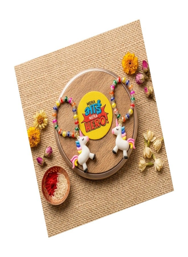 Evisha Kids Unicorn Bracelet Rakhi Set of 2 with "Mera Bhai Mera Hero" Magnet and Roli Chawal, Colorful Beaded Cartoon Rakhi for Little Brother, Boys & Girls, Raksha Bandhan Special Combo Gift for Sister - Image 1