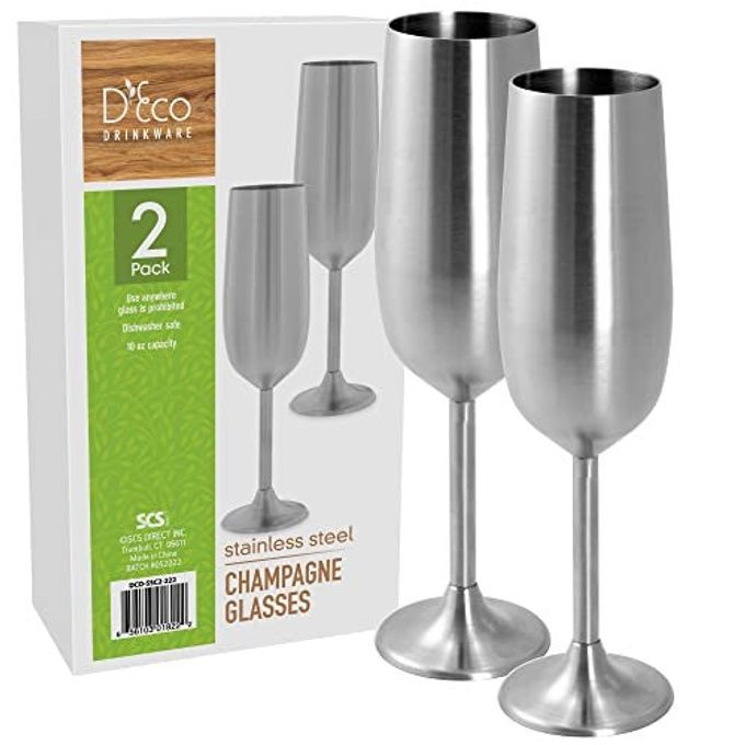 Unbreakable 8 Oz Stainless Steel Champagne Flutes (2 Pk)- Large Stemmed Matte Silver Champagne Glasses - Reusable Indoor Outdoor Drinkware - Keeps Drink Cool for Longer- Graduation & Mother's Day Gift
