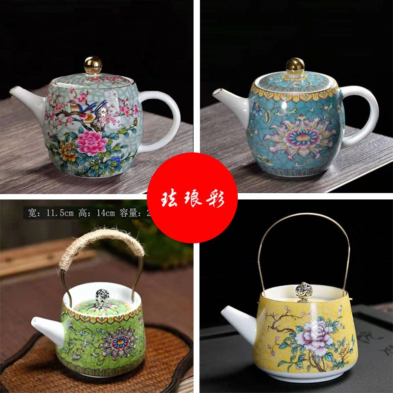 Enamel Color Teapot Suit Household Large Teapot Ceramic Kung Fu Tea Set Grilled Flower Painted Tea Maker Beam Pot - Image 3