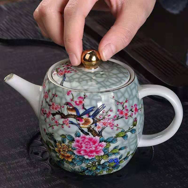 Enamel Color Teapot Suit Household Large Teapot Ceramic Kung Fu Tea Set Grilled Flower Painted Tea Maker Beam Pot - Image 2