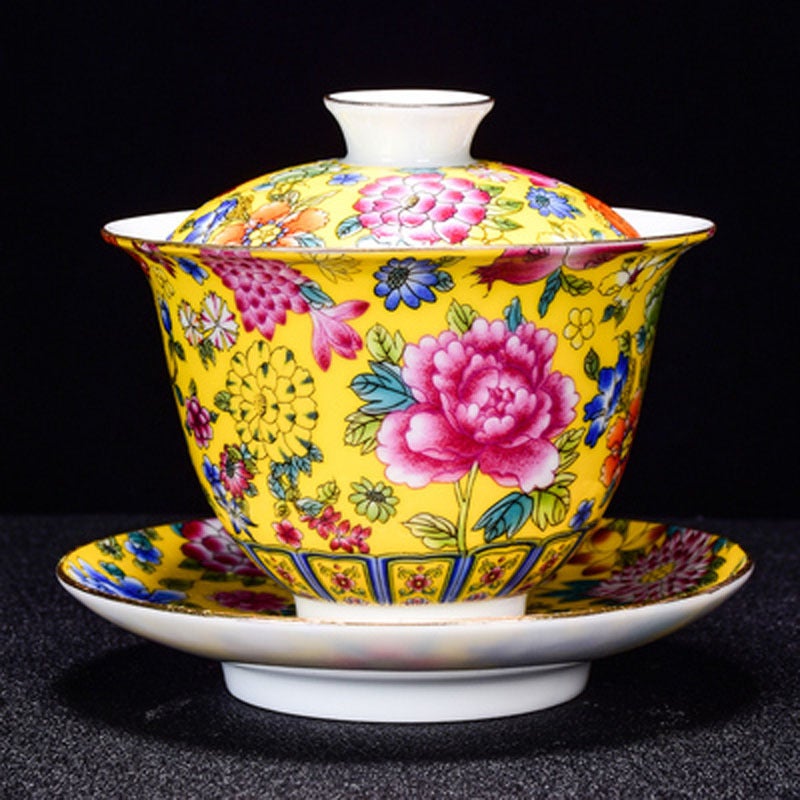Enamel Color Teapot Suit Household Large Teapot Ceramic Kung Fu Tea Set Grilled Flower Painted Tea Maker Beam Pot - Image 1