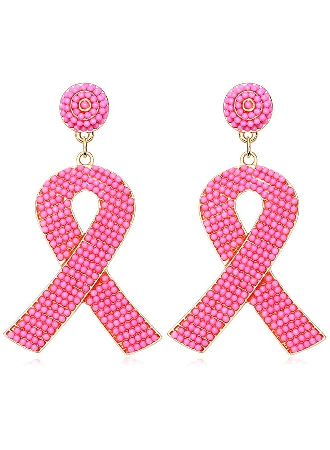سيالكسهيني أقراط متدلية من الخرز الوردي للتوعية بسرطان الثدي للنساء أقراط متدلية من الخرز الوردي للتوعية بسرطان الثدي (شرائط خرزية) - Image 1