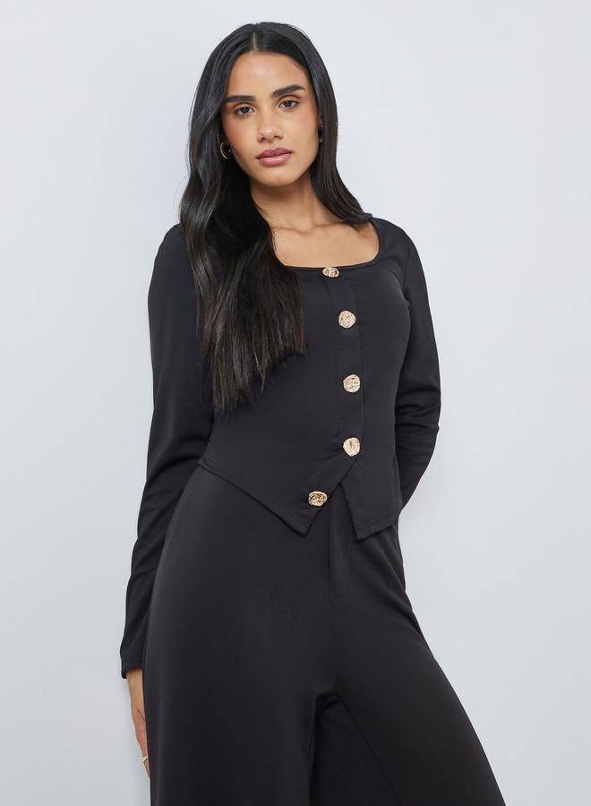 ستايلي بلوزة محبوكة بياقة مربعة وأزرار - Image 1