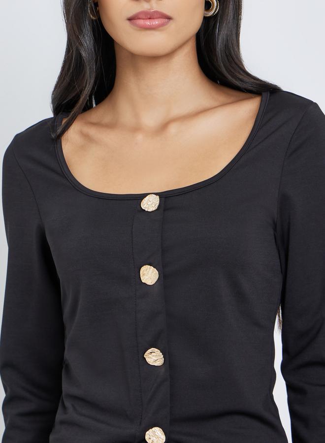 ستايلي بلوزة محبوكة بياقة مربعة وأزرار - Image 3