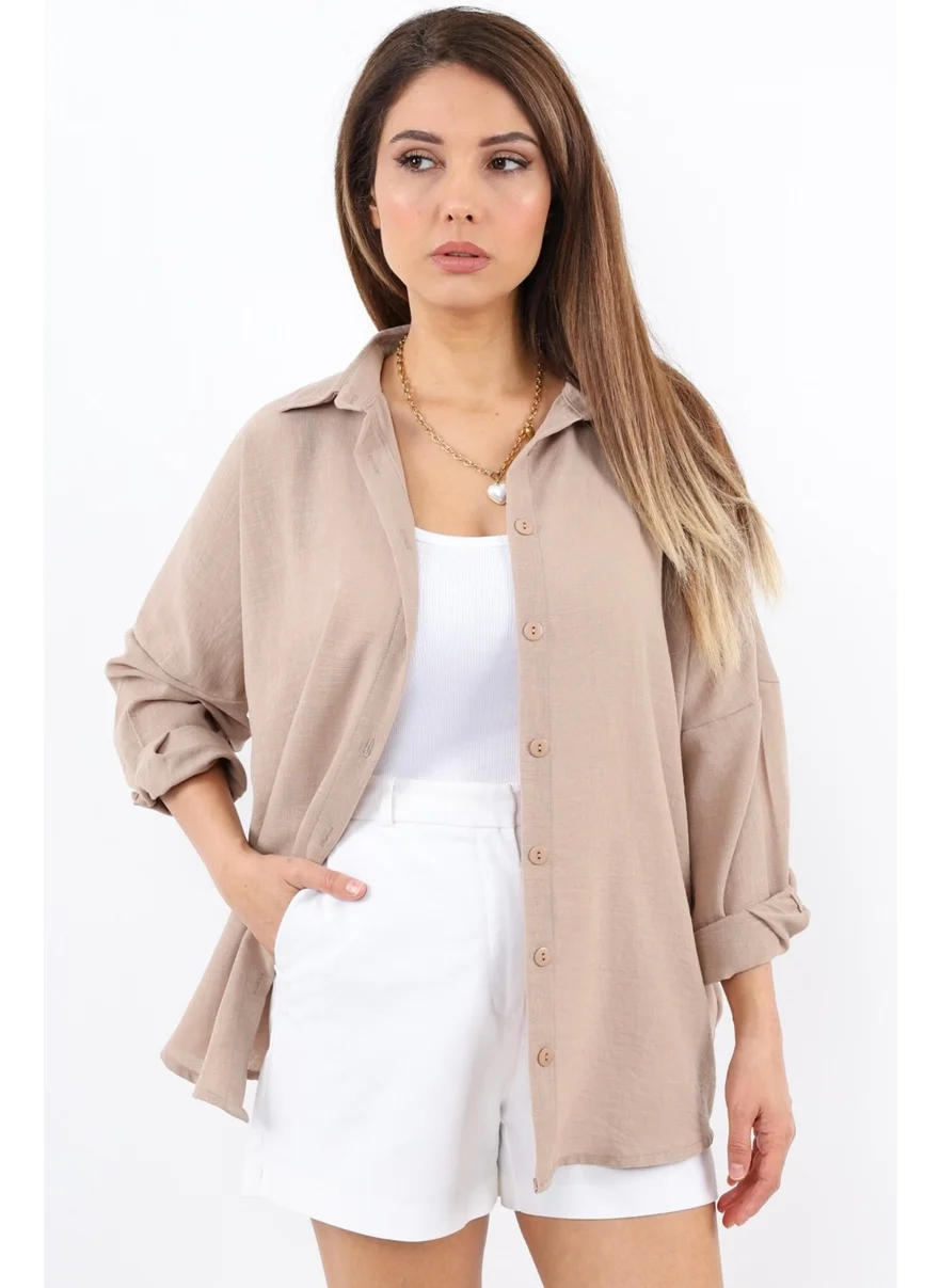 ريتنيس Women's Linen Comfy Long Beige Shirt
