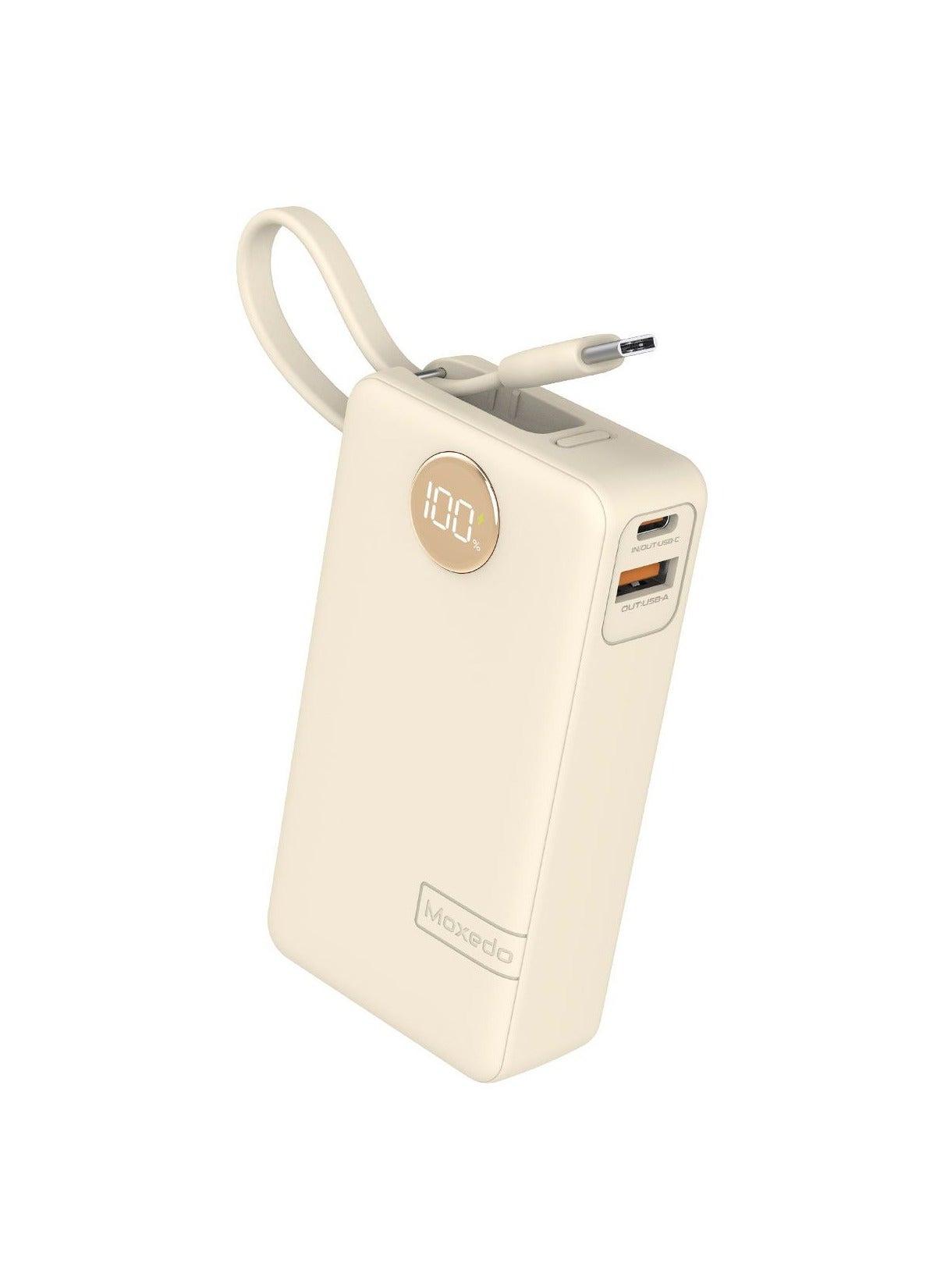 Moxedo Porta-Go+ Power Bank 10000 mAh 1 USB-C/ 1 USB-A Ports with Built-in USB-C Cable PD Fast Charging Compatible for iPhone 16/15 Series, Samsung, Huawei, Xiaomi, iPad - Beige