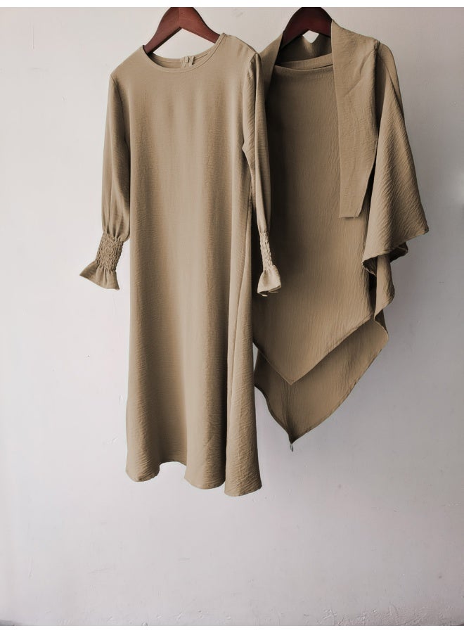 New Arrival Solid Color Ruffled Hem Wave Pattern Round Neck Dress