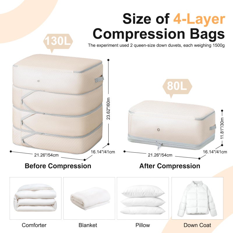 Easortm Comforter Storage Bag - 130L Large Capacity Blanket Storage Bags 4-Layer Ultra Space Saving Self Compression Organizer, Washable Compression Bags for Storage Comforter Blanket, 2-Pack, Beige - Image 2