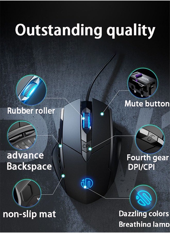 inphic - W1 Silent Wired Frosting Mouse Chicken Eating Esports Game Mouse 1200/2400/4800/7200 DPI, Plug and Play 6-key Edition -1.5m Colorful Luminous Mouse Windows XP/Windows7/Windows8/ndows10（Black) - Image 1