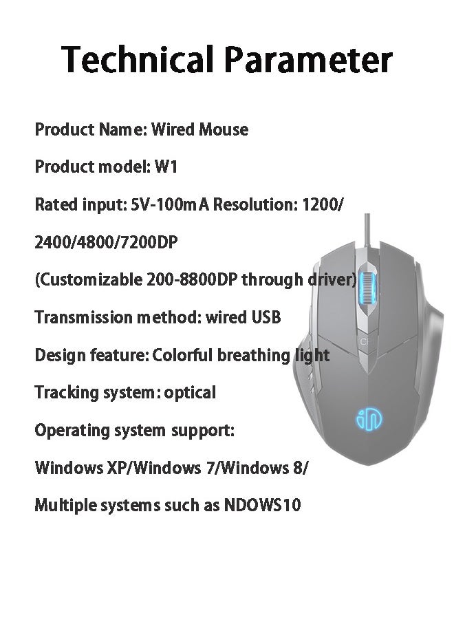 inphic - W1 Silent Wired Frosting Mouse Chicken Eating Esports Game Mouse 1200/2400/4800/7200 DPI, Plug and Play 6-key Edition -1.5m Colorful Luminous Mouse Windows XP/Windows7/Windows8/ndows10（Black) - Image 1