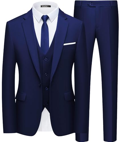 WULFUL Men’s Slim Fit Suit One Button 3-Piece Blazer Dress Business Wedding Party Jacket Vest & Pant Blue - Image 1