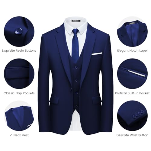 WULFUL Men’s Slim Fit Suit One Button 3-Piece Blazer Dress Business Wedding Party Jacket Vest & Pant Blue - Image 5