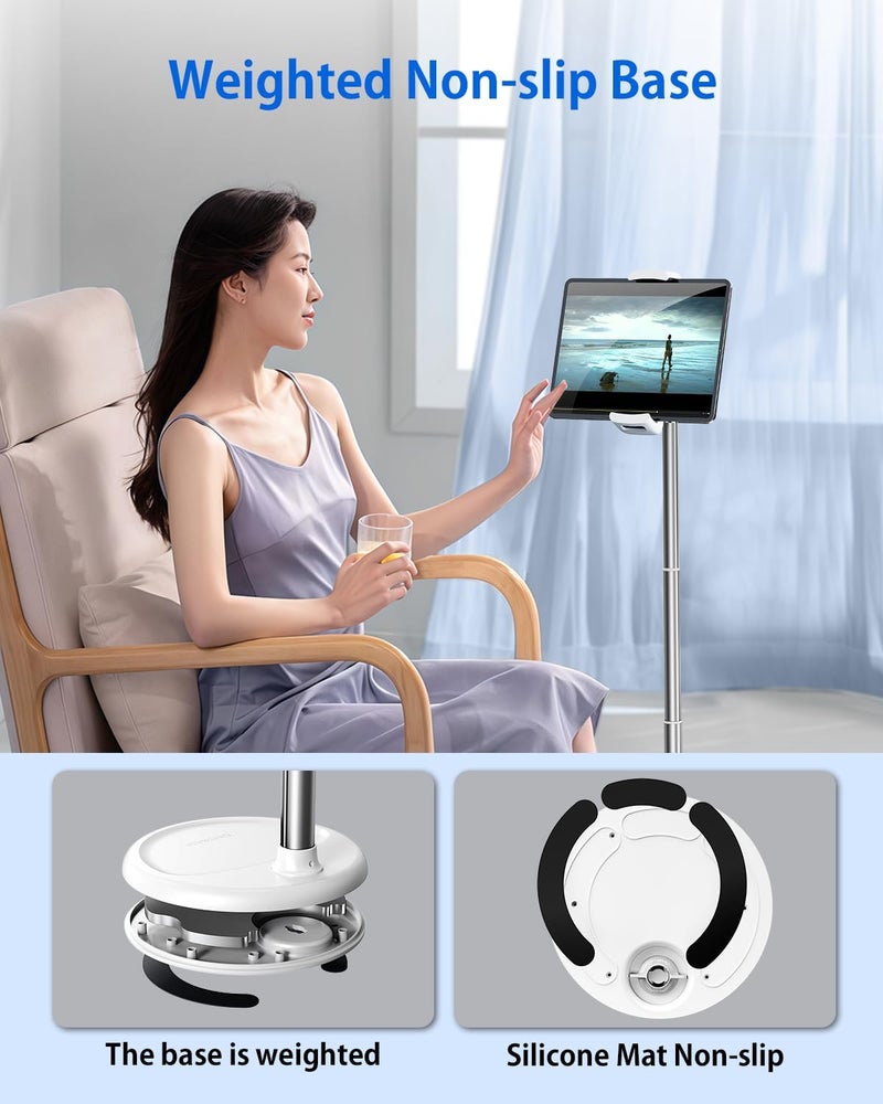 Oatsbasf Tablet Floor Stand Holder, Height Adjustable(12-34.6 inch) 360° Rotatable iPad Stand with Heavy Base, Adjustable Holder for 4"-12.9" Devices Including iPhone, iPad, Kindle, Switch, White - Image 4