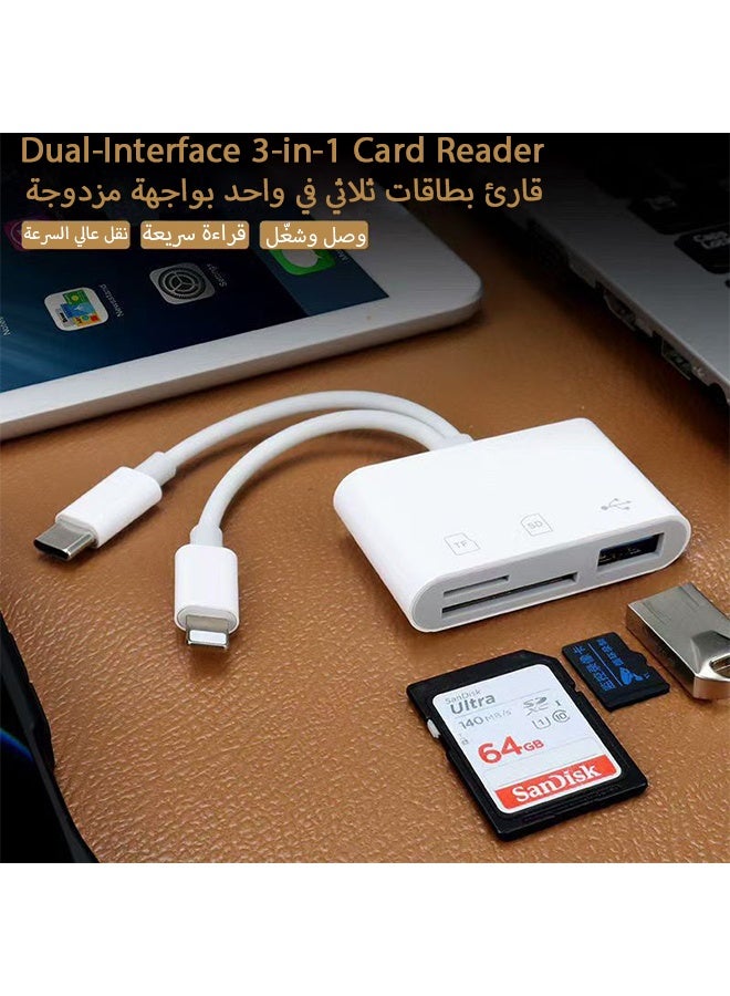 JieSuDa 3-in-1 SD/TF Card Reader with USB, Type-C & Lightning Connectors, Memory Card Adapter for iPhone, iPad, Android & Cameras, Plug & Play, No App Needed - Image 2