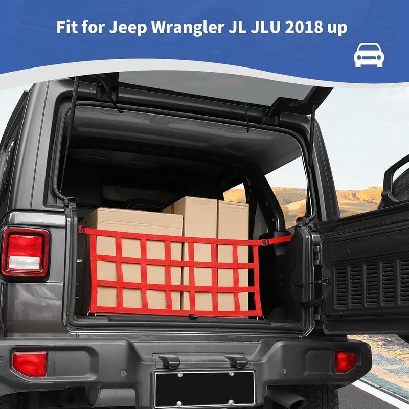 Fit for Jeep JL Rear Trunk Mesh Cargo Net for Jeep Wrangler JL JLU 2018 up Trunk Organizer Storage Accessories Red (Red) - Image 4