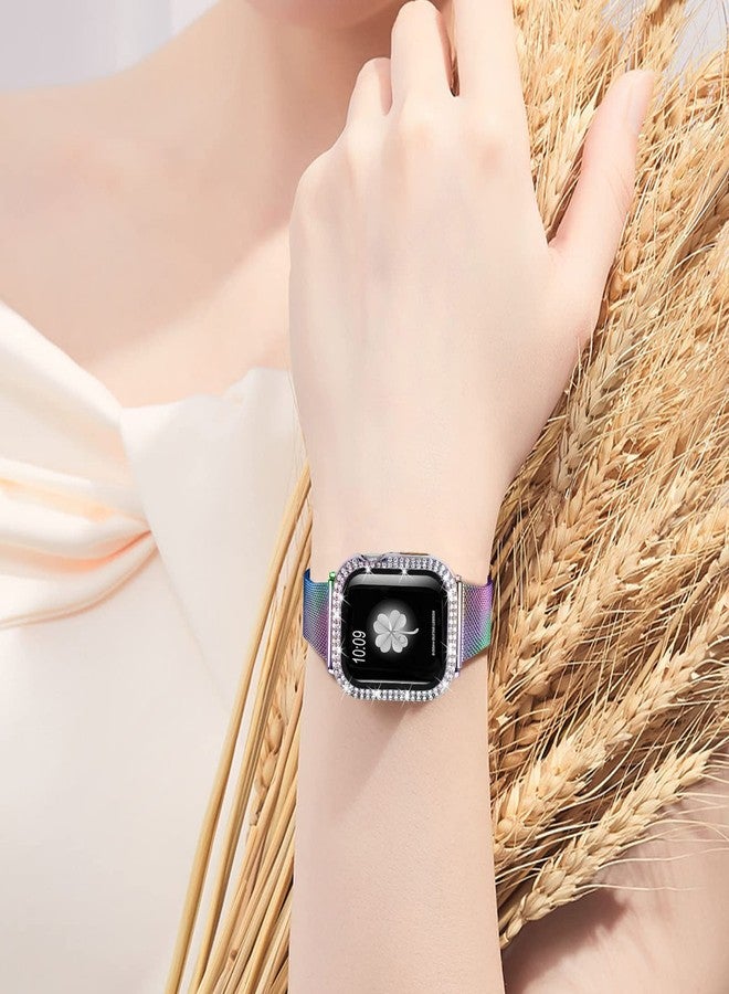 Joyozy Slim Stainless Steel Band Compatible with Apple Watch 38mm 40mm 41mm 42mm 44mm 45mm Milanese Strap with Bling Glitter Case Built-in Screen Protector Dressy Bracelet Band for Women(Rainbow 45mm) - Image 4
