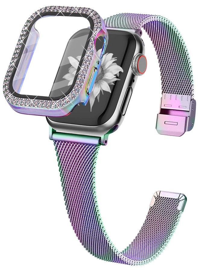 Joyozy Slim Stainless Steel Band Compatible with Apple Watch 38mm 40mm 41mm 42mm 44mm 45mm Milanese Strap with Bling Glitter Case Built-in Screen Protector Dressy Bracelet Band for Women(Rainbow 45mm) - Image 1