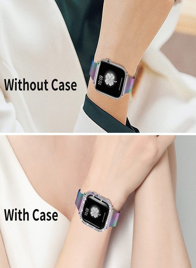 Joyozy Slim Stainless Steel Band Compatible with Apple Watch 38mm 40mm 41mm 42mm 44mm 45mm Milanese Strap with Bling Glitter Case Built-in Screen Protector Dressy Bracelet Band for Women(Rainbow 45mm) - Image 3