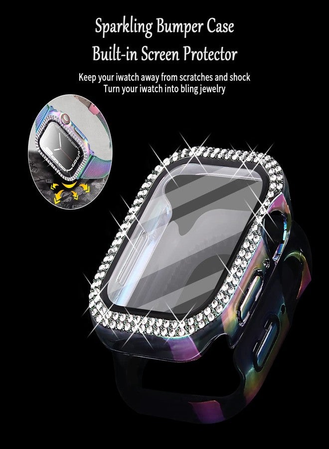 Joyozy Slim Stainless Steel Band Compatible with Apple Watch 38mm 40mm 41mm 42mm 44mm 45mm Milanese Strap with Bling Glitter Case Built-in Screen Protector Dressy Bracelet Band for Women(Rainbow 45mm) - Image 2