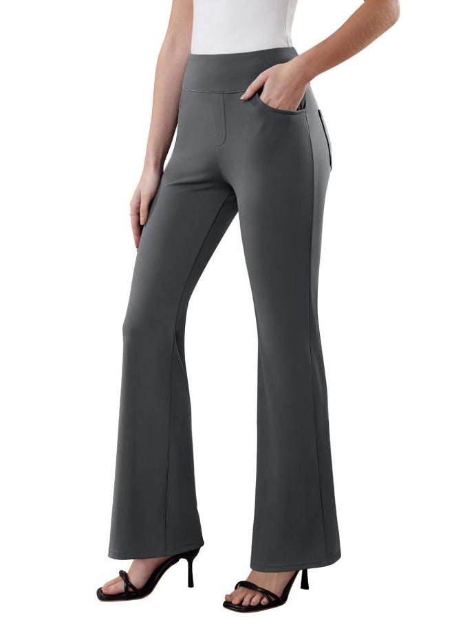 DLOODA Womens Dress Pants Stretchy Work Pants Business Casual Office Trousers Pull On Flare Slacks with 4 Pockets, Dark Grey, S - Image 2