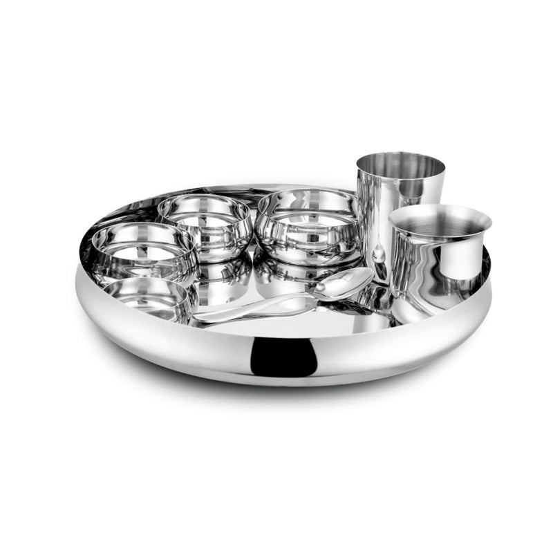 The Indian Aura Stainless Steel Belly Thali Set of 1 People, 8 Pieces, Thali - 01, Big Bowl - 01, Small Bowl - 02, Chutney Bowl - 01, Glass - 01, Dabra - 01, and Dessert Spoon - 01. - Image 1