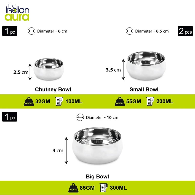 The Indian Aura Stainless Steel Belly Thali Set of 1 People, 8 Pieces, Thali - 01, Big Bowl - 01, Small Bowl - 02, Chutney Bowl - 01, Glass - 01, Dabra - 01, and Dessert Spoon - 01. - Image 2