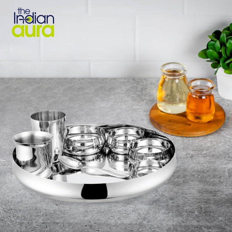 The Indian Aura Stainless Steel Belly Thali Set of 1 People, 8 Pieces, Thali - 01, Big Bowl - 01, Small Bowl - 02, Chutney Bowl - 01, Glass - 01, Dabra - 01, and Dessert Spoon - 01. - Image 5