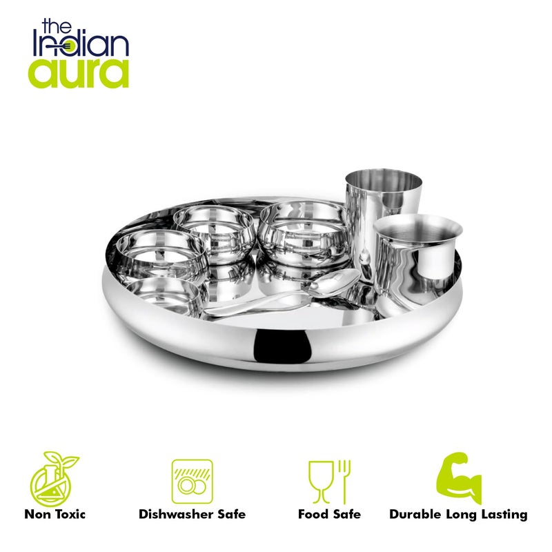 The Indian Aura Stainless Steel Belly Thali Set of 1 People, 8 Pieces, Thali - 01, Big Bowl - 01, Small Bowl - 02, Chutney Bowl - 01, Glass - 01, Dabra - 01, and Dessert Spoon - 01. - Image 4