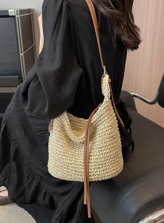 Bagkeak Straw Tote Bag Summer Straw Beach Bags For Women Handwoven Bag Large Capacity Handbag Rattan Purse Hobo Bag Dumpling Bag, Beige - Image 3