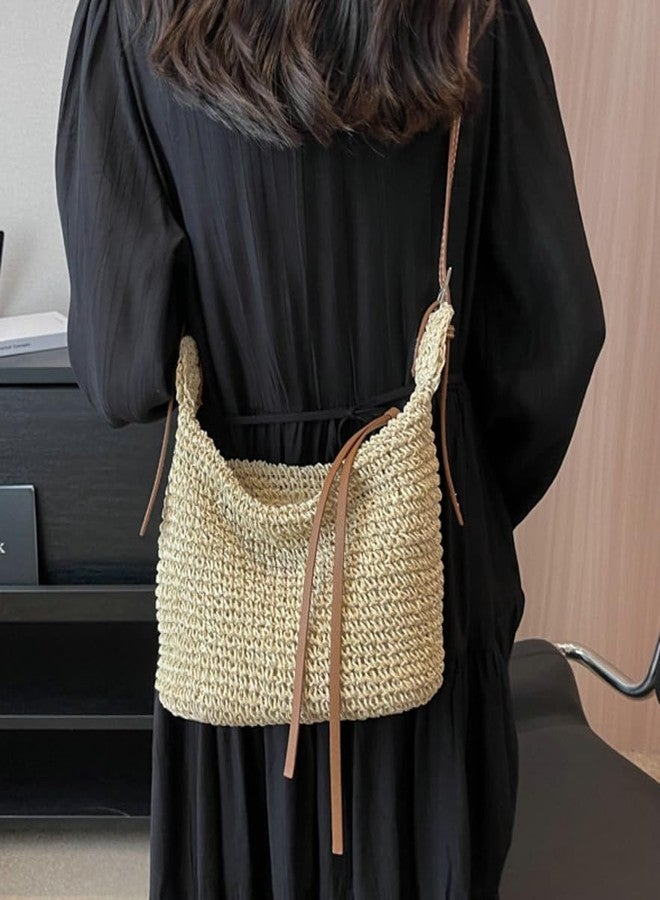 Bagkeak Straw Tote Bag Summer Straw Beach Bags For Women Handwoven Bag Large Capacity Handbag Rattan Purse Hobo Bag Dumpling Bag, Beige - Image 2