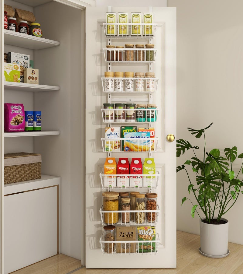 Mefirt White 12 Inch Wide Narrow Over The Door Pantry Organizer Pantry Organization and Storage 8Tier Metal Hanging Deep Basket Wall Spice Rack Seasoning Shelves Home Kitchen Essentials