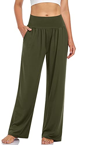 UEU Women's Wide Leg High Waisted Baggy Yoga Pants Buttery Super Soft Casual Loose Fit Lounge Athletic Sweats Pants with Pockets(ArmyGreen,L) - Image 1