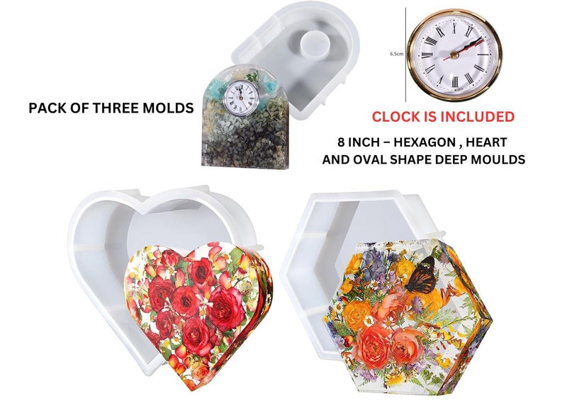 SNOOGG Pack of Four 8 INCH Deep Hexagon, Heart and Oval Shape with 1 Clock Silicone Heavy Duty Moulds Epoxy Resin Casting Resin Art DIY Project - Image 2