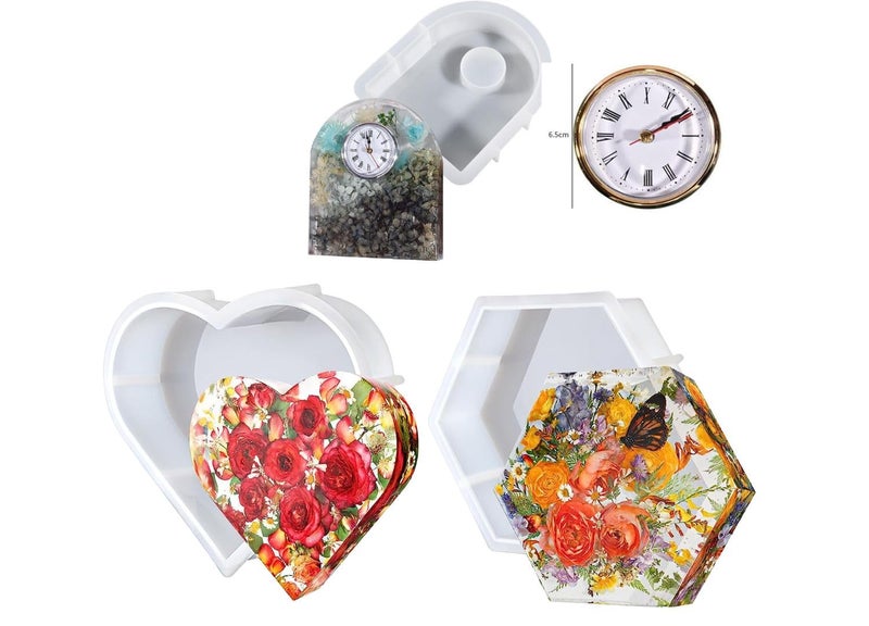 SNOOGG Pack of Four 8 INCH Deep Hexagon, Heart and Oval Shape with 1 Clock Silicone Heavy Duty Moulds Epoxy Resin Casting Resin Art DIY Project - Image 1