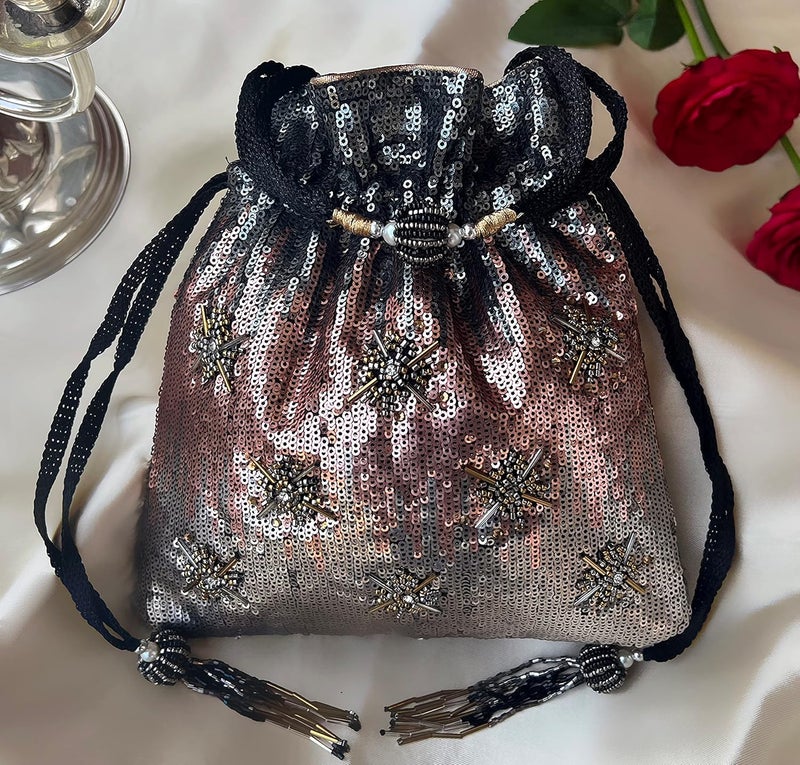 MASQ by Q-One Embroidered Silk Potli Bags - Handcrafted for Weddings, Festive Season & Special Occasions with Beads and Sequins - Made in India - Image 2